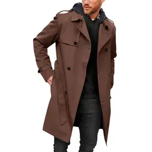 Men's Coat Double Breasted Trench Coat Long Lapel Business Jacket with BeltGift