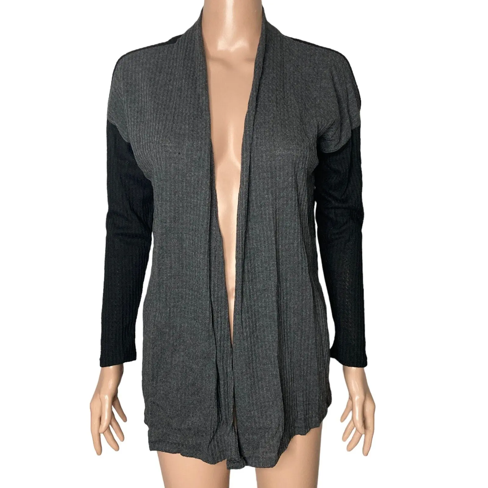 Bobeau Cardigan Open Front Womens XS Charcoal Black Ribbed Waffle Knit Two Toned