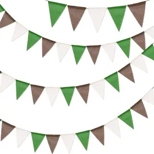 Pre-Strung Burlap Pennant Banners, 39Ft Green White Brown Fabric Triangle Flag Bunting, 36 count Pennant Banner Flags Garland for Football  Day, Outdoor Parties, Camping & Backyard Decorations