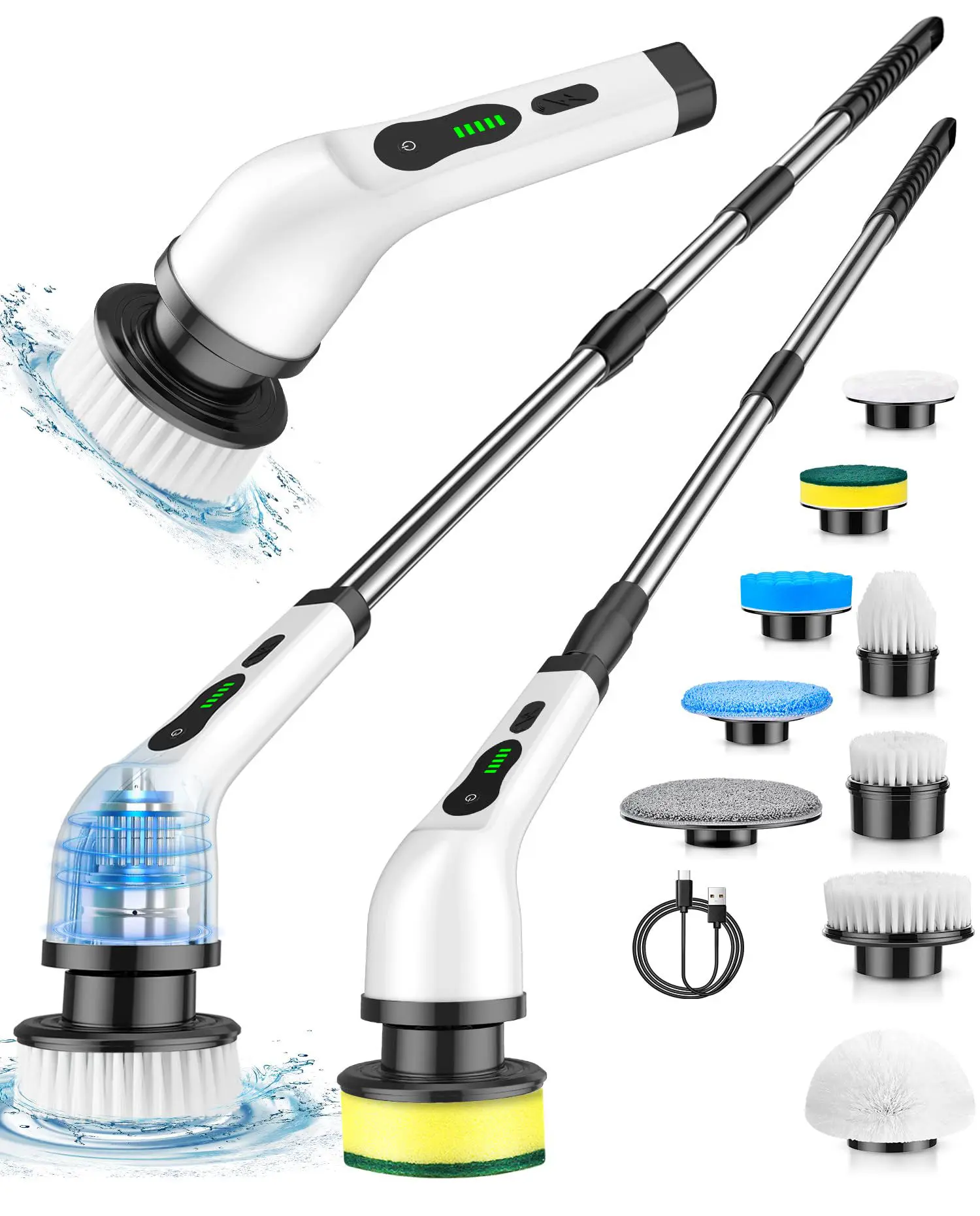 Electric Spin Scrubber, Cordless Rechargeable Cleaning Brush with 9 Heads, 3 Speeds, Extendable Handle, IP64 for Shower, Bathroom, Tub, Tile, Grout, Floor and Kitchen