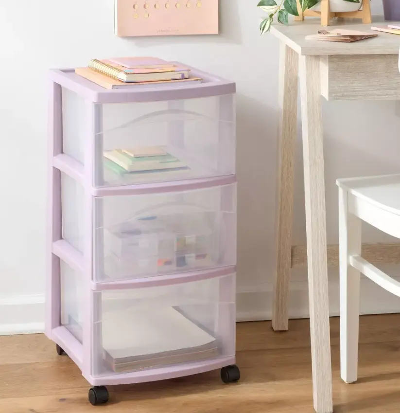 Lavender 3-Drawer Rolling Storage Cart, Medium Mobile Plastic Organizer Cart with Wheels for Bedroom, Office & Craft Room