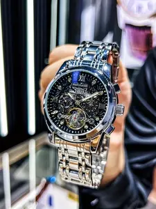 Luxury Men's Mechanical Watch, Skeleton Watches, Luminous Waterproof Calendar, Silver Color Stainless Steel Band, Hollow Design, Best Gift for Him