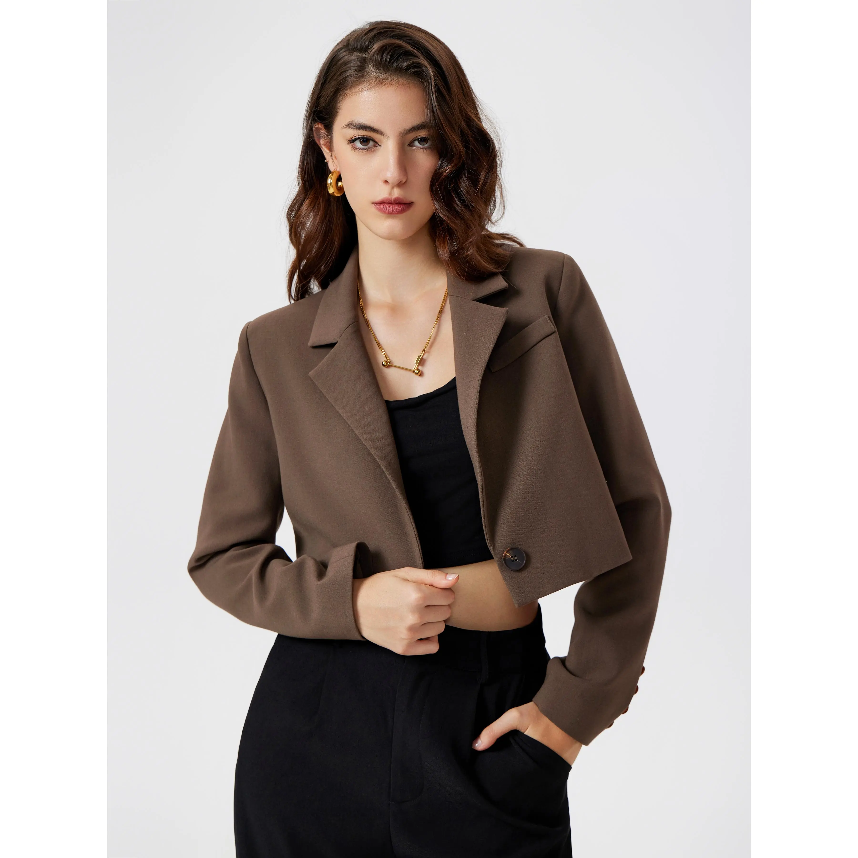 Cider [2 colors, size 2-10] Collar Solid Button Crop Blazer SohoChic