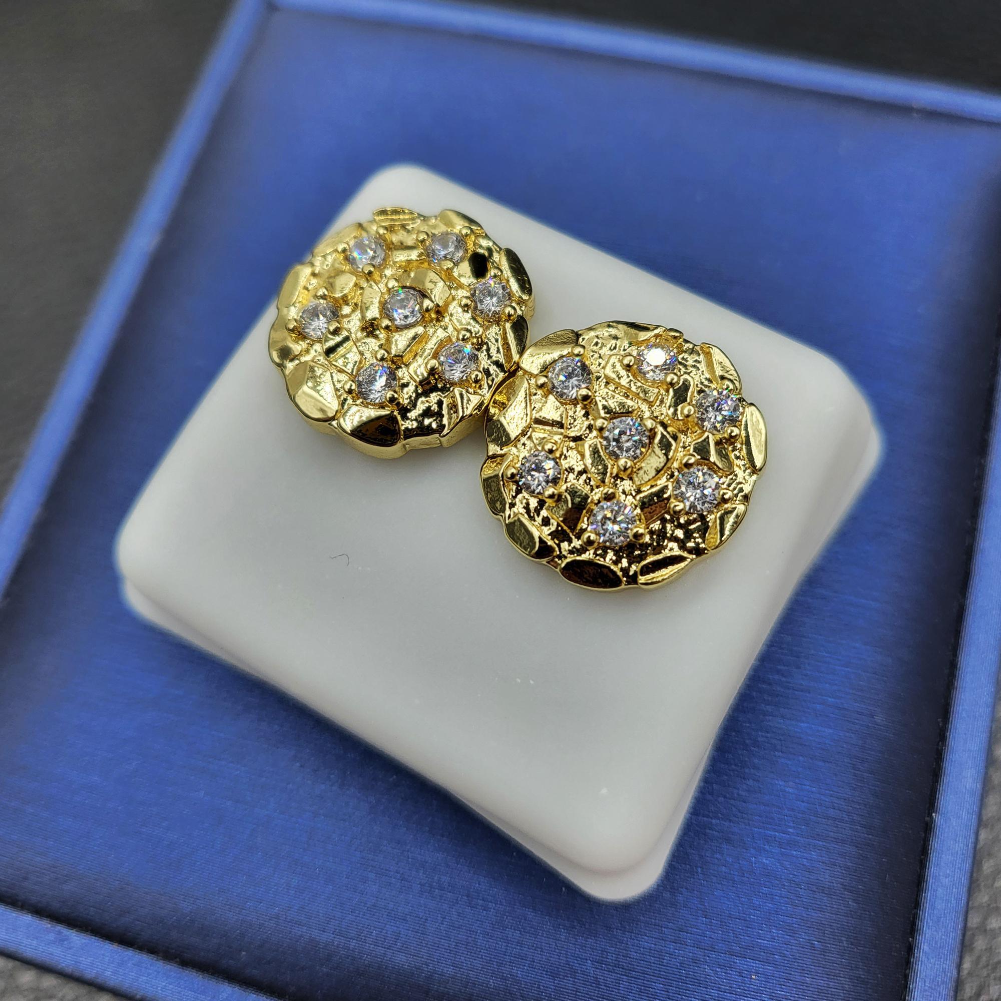 14K Gold Plated Brass Golden Nugget Cookie Stud Earrings with Cubic Zirconia Unisex 4 Sizes 12mm 14mm 16mm 20mm High Quality Polished