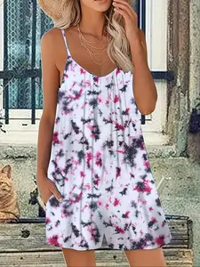 Women's Casual Abstract Print One-Piece Cuffed Jumpsuit, Sleeveless Design, Simple Fashion Style, Perfect for Daily Wear & Travel