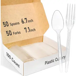 100 Count Plastic Silverware, Heavy Duty Plastic 50 Forks & 50 Spoons Disposable Utensils Cutlery Set for Party Supplies