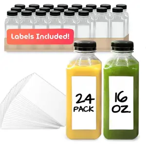 Plastic Juice Bottles [24 Bulk Pack, 16 oz] Square 16 oz Plastic Bottles with Caps & Sticker Labels | Clear, Empty for Drinks 16oz | Disposable,  Containers for Juicing, Smoothies