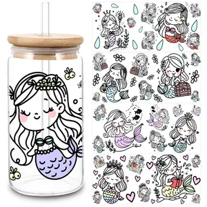 5 cards Mermaid UV DTF Glass Cup Stickers, Waterproof Punk Transfer Stickers, 5 Sheets, Fits 16 Oz Glasses, Cups, Crafts, DIY Sticker