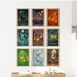 Set of 9 Eeveelution Japanese, Poke Movie Poster, Eevee Vaporeon Jolteon Flareon Espeon Umbreon Leafeon Glaceon Sylveon Poster, Unframed Wall Art, Home Decor