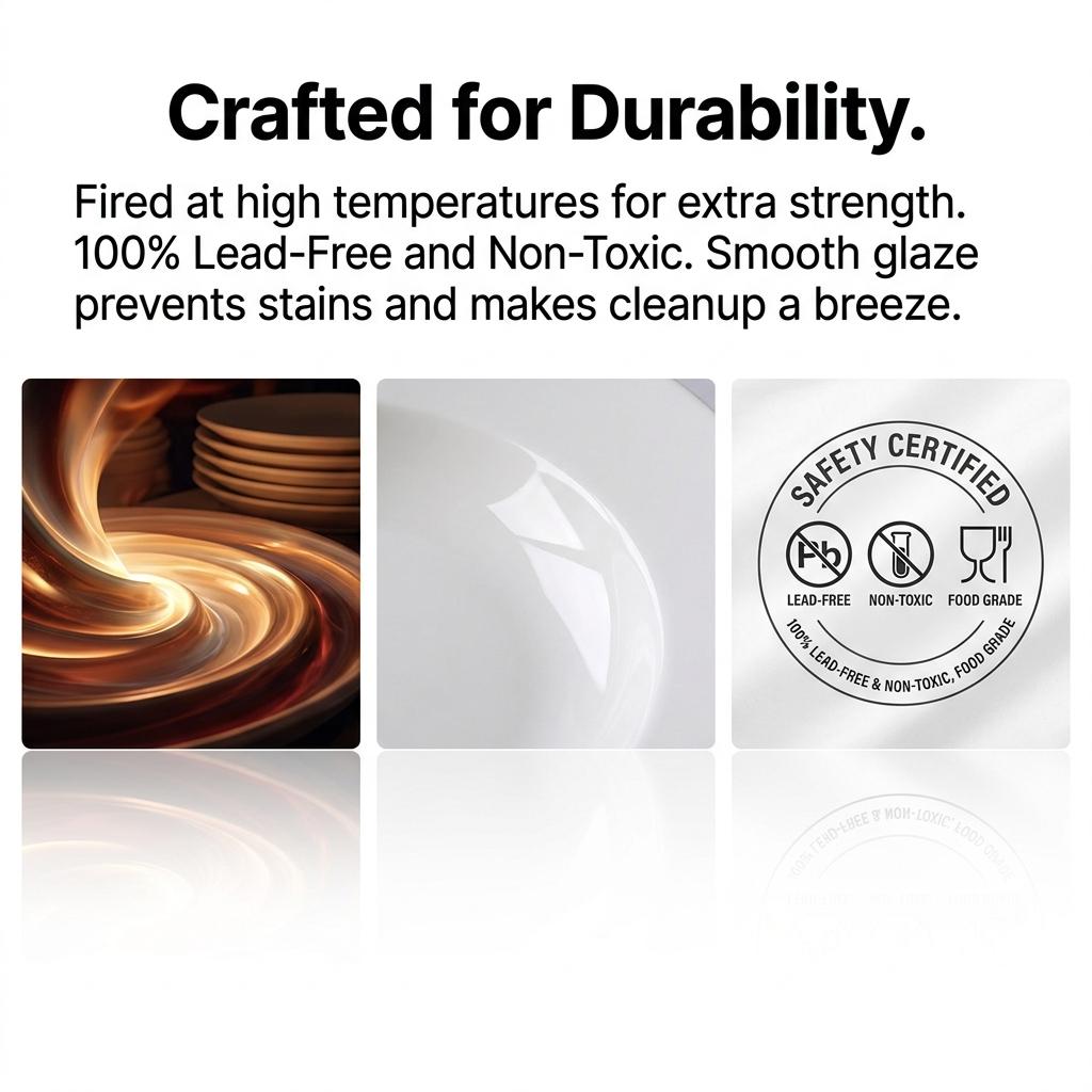 9.5 Inch Pure White Ceramic Dinner Plates, 6-Piece Set, Modern Porcelain Dinnerware Set, Scratch-Resistant White Tableware, Kitchen & Dining Utensils, Microwave & Dishwasher Safe