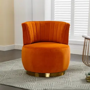 Velvet Curved Barrel Chair, Modern Upholstered Armchair with 360° Swivel & Gold Metal Base, 300lb Capacity Easy-Setup Living Room Chair, Orange