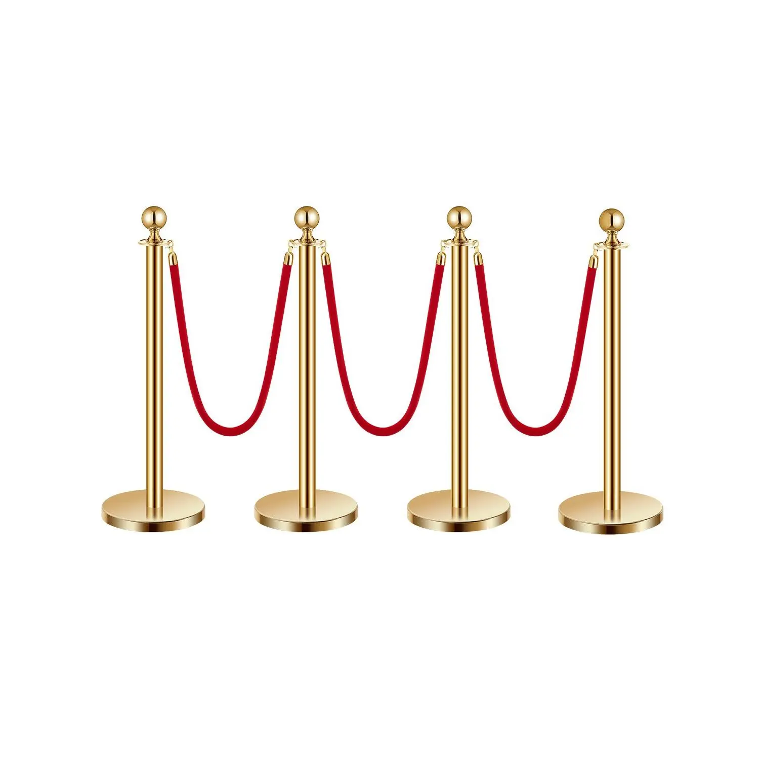 VEVOR Stanchions and Velvet Ropes 4Pcs, Hollow Base with Stainless Steel Post, 3 Red Velvet Ropes and Posts, Crowd Control Barriers Gold Stanchions, Red Carpet Runner Poles for Party Supplies