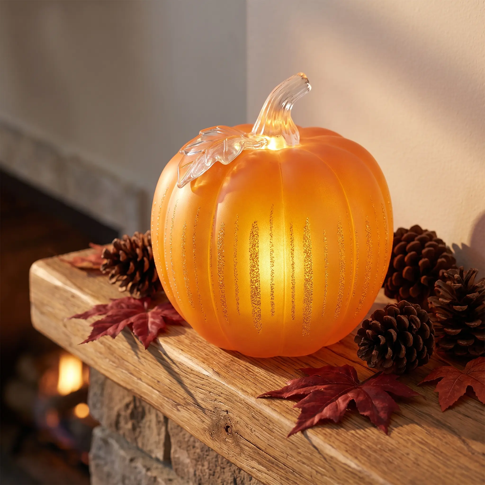 【SummerWins】Halloween Resin Lighted Pumpkin Figurine, Glitter Warm White LED Jack-O-Lantern Decor, Battery Operated Fall Harvest Tabletop Centerpiece, Realistic Texture