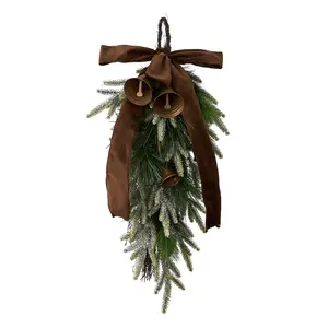 Holiday Time Green Plant Bell and Bow Christmas Door Decoration 28inch Matte Green Plants Rustic Golden Bells Soft Brown Velvet Bows Farmhouse Wall Ornaments