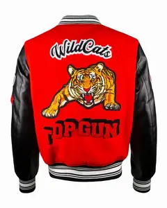 TOP GUN® "WILDCATS" VARSITY JACKET Fully Lined Vegan Leather Sleeves Ribbed Collar Cuffs Hem Side Slit Pockets Snap Front Closure High Quality Chenille Patches Embroidery Regular Fit