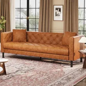 81 Inch Leather Couch for Living Room, Modern Leather Sofa with Deep Seat, Handmade Button Tufted Sofa, Chesterfield 3 Seat Couch for Apartment, Office, Cognac Tan