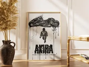 Akira Anime Poster – Cyberpunk Motorcycle Scene, Black White Watercolor, Cult Wall Art