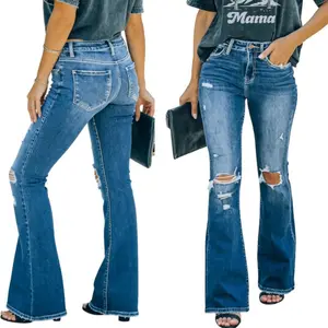 Women's Mid Rise Light Wash Flare Bootcut Jeans, Knee Distressed Ripped Destroyed Slim Fit Casual Y2K Streetwear Denim Pants