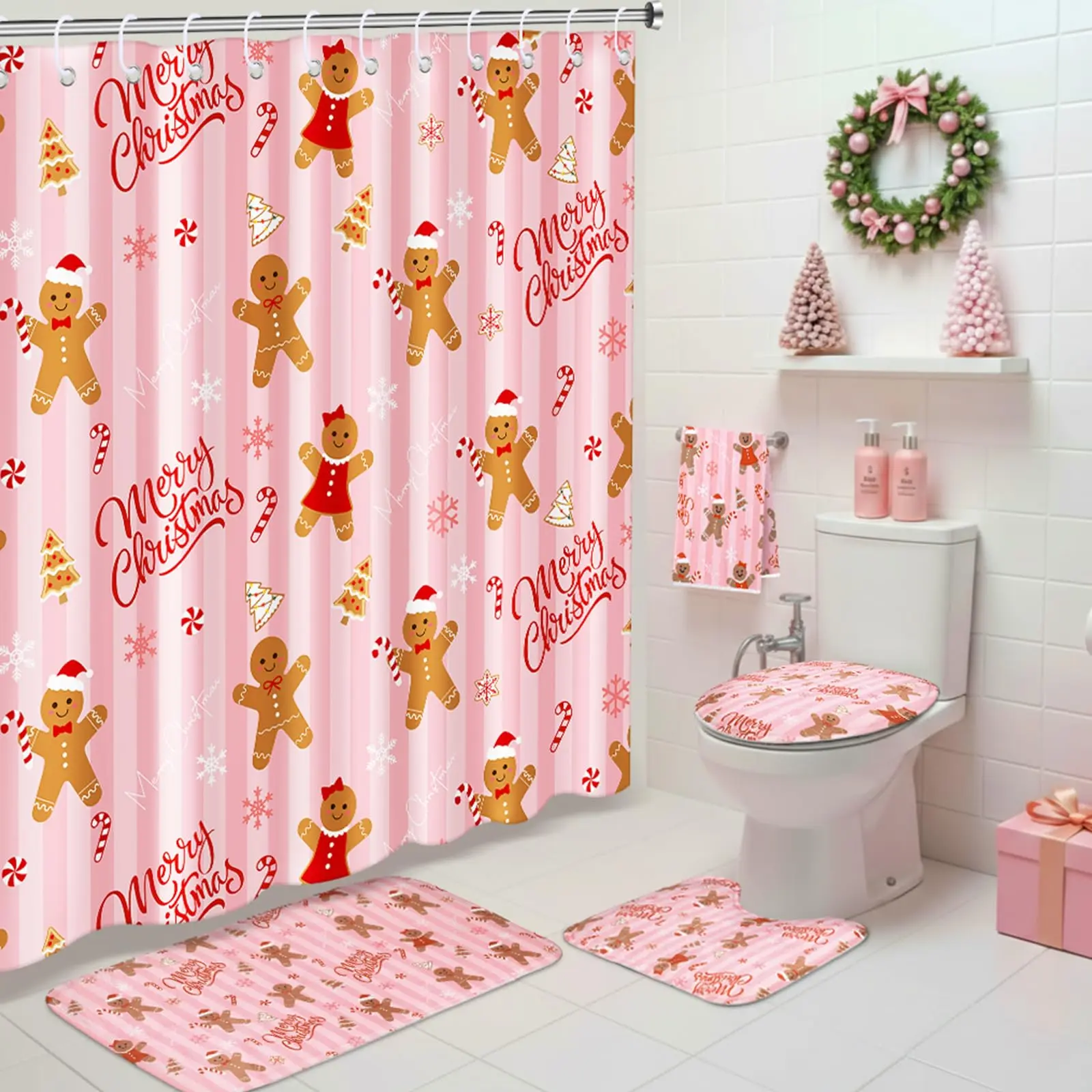 Pink Gingerbread Christmas Bathroom Decor Bathroom Makeover for Daughter Girls, 72x72 inch Shower Curtain & Non Slip Rugs & Toilet Lid Cover Guest Bathroom Decor Holiday Bathroom Christmas Decorations Decoratewithme Christmas Cozy Vibes Christmas Gifts