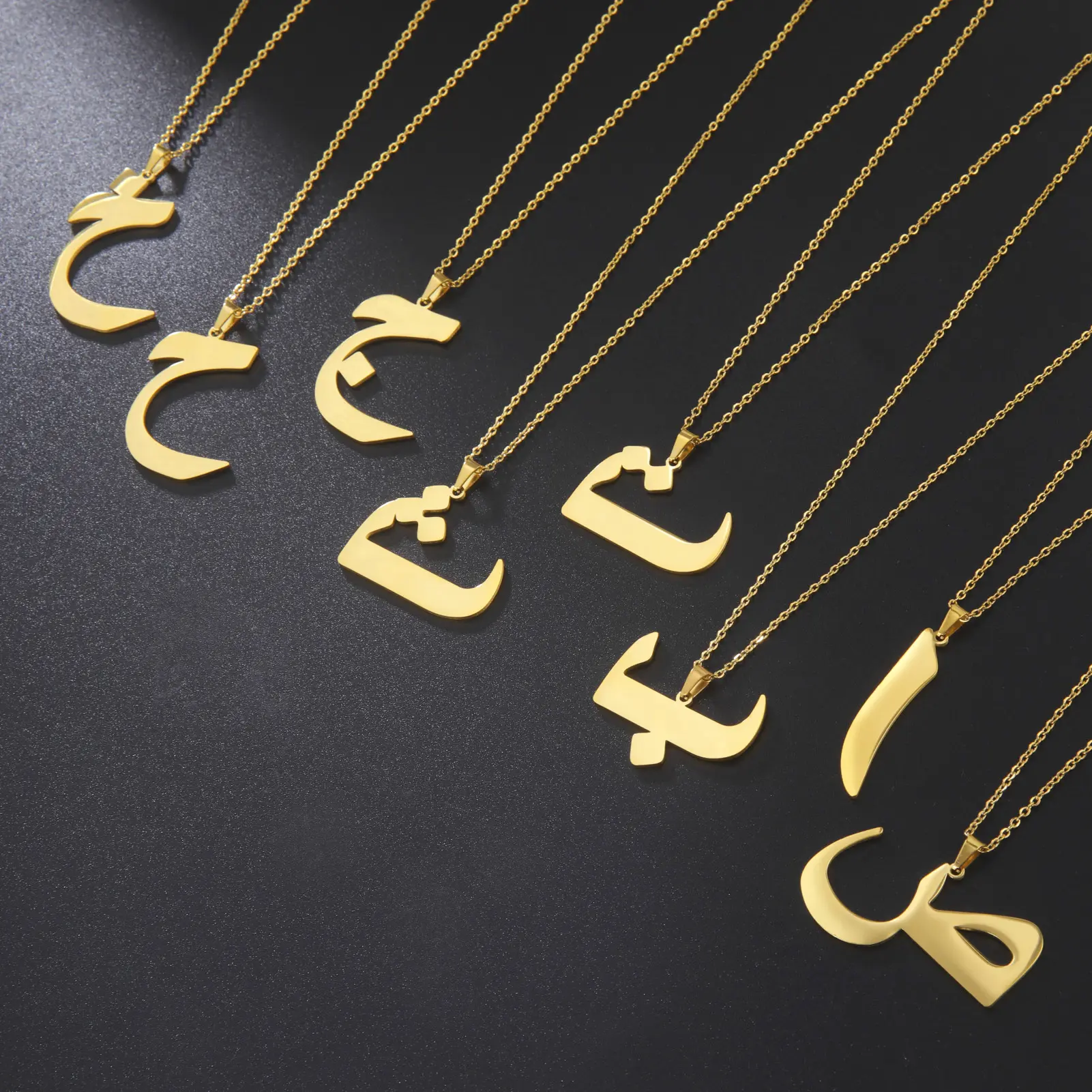 Women's Titanium Steel Letter Charm Necklace - 28 Arabic Letters Glossy Cut Pendant, Artificial Gemstone, Simple Elegant Casual Jewelry for Adults, Birthday Gift Ready