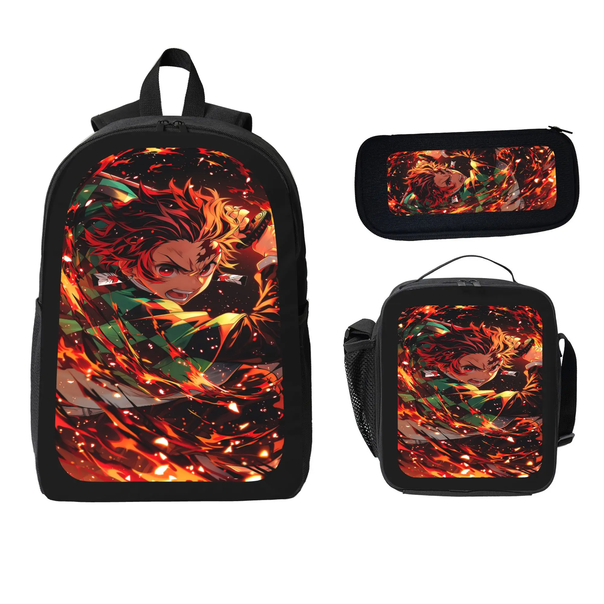 Demon Slayer Anime-Themed 3-Piece Backpack Set High School Backpacks for Teen Fans with Cute Character Print, Lunch Bag & Pencil Case