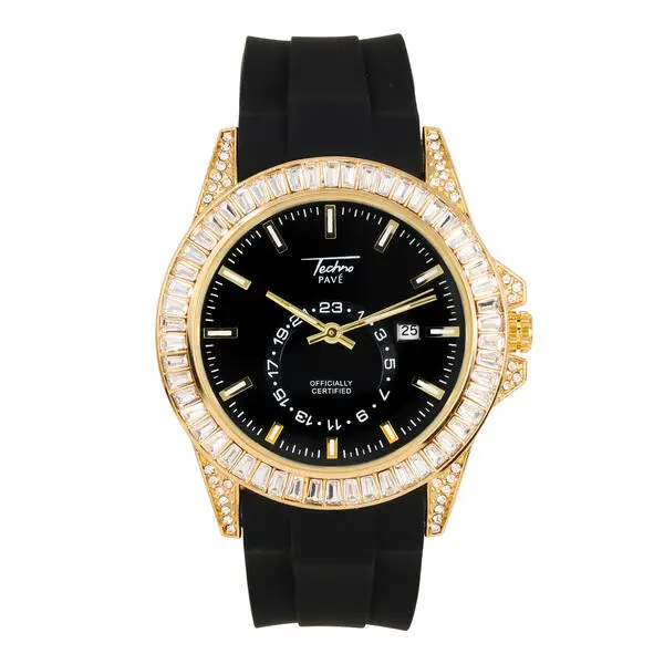 Men's 42mm Baguette Bezel Watch – Silicone Band, Quartz Movement, Simulated Stone – Alloy with Coated Finish