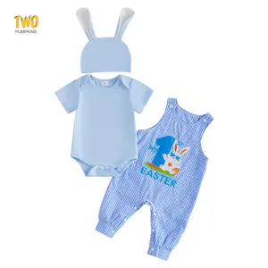3pcs Easter Baby Boy Outfit Short Sleeve Romper With Plaid Overalls Hat Newborn Outfit