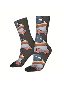 Funny Pigeon Bread Necklace Socks, Viral Internet Meme Bird, Cute Gag Gift Print
