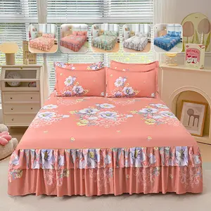 Romantic Floral Bed Skirt Set, Soft Comfort Mattress Protector, Elastic Anti-Slip Design, Includes Pillowcase, 38cm High, Breathable All-Season Bedroom