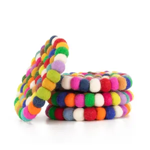 Felt Ball Coasters - 100% Merino Wool Table Coasters for Drinks and Bar  Set Round