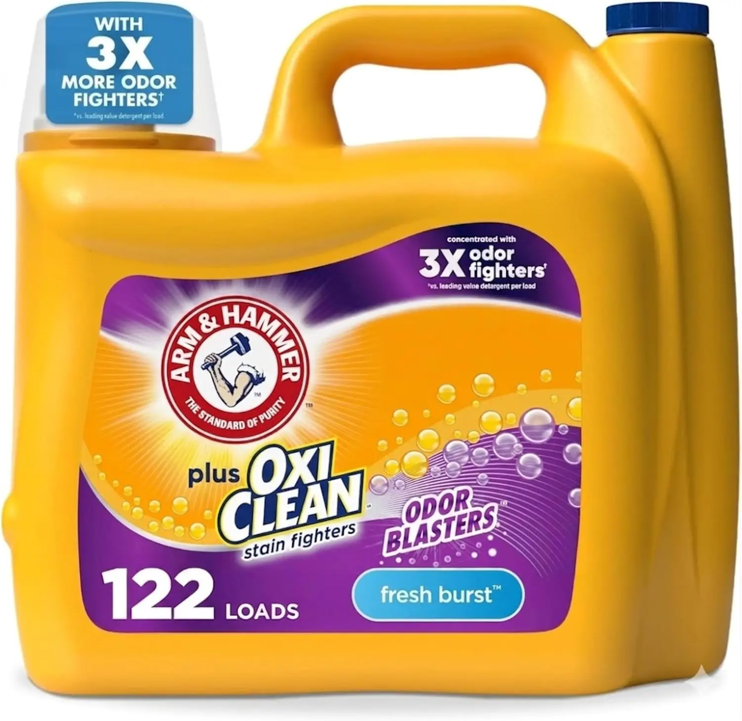 ARM & HAMMER Plus OxiClean with Odor Blasters Liquid Laundry Detergent, Laundry Odor Remover, Attacks Stains, Fresh Burst Scent, 122 Loads, 158.6 Fl Oz