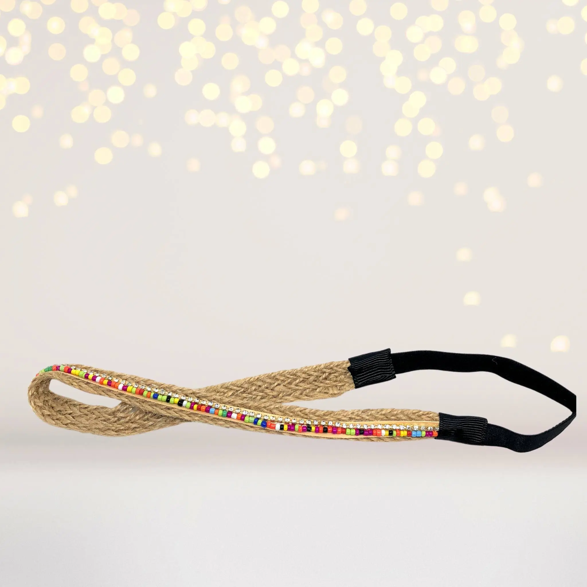 Funky Glamorous Twine and Vibrant Rainbow Beads Hippie Headband, Crafted from Polyester, Acrylic, Zinc Alloy, and Elastic, with Comfortable Elastic Back, Synthetic, .5 Inches, Casual, Elegant, Everyday, Female, Music Festival, Mommies, Fashion
