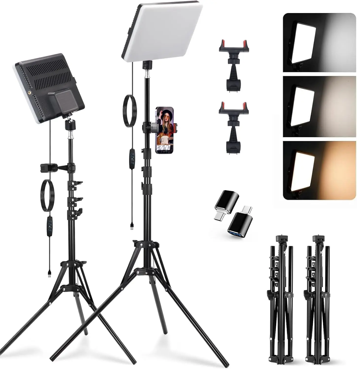 2-Pack LED Video Light Kit,  15W Photography Lighting with 28"-60" Adjustable Tripod & Phone Holder, 2700-7500K Bi-Color Dimmable Panel (CRI 95+), for Live Streaming, Podcast, Studio & YouTube, Influencers