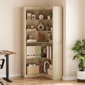 71.8" L-Shaped Farmhouse Corner Bookshelf, 5-Tier Heavy Duty Display Shelf – Large Light Wood Bookcase with Storage