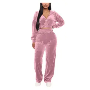 2025 Trendy Women’s Korean Velvet Zipper Jacket Straight Pants Set for Autumn Winter Outfits Clothes Womenswear Women's Lounge Sweatsuit Set Oversized Gamis Trouser Basic Fitted Grey Long Sleeve