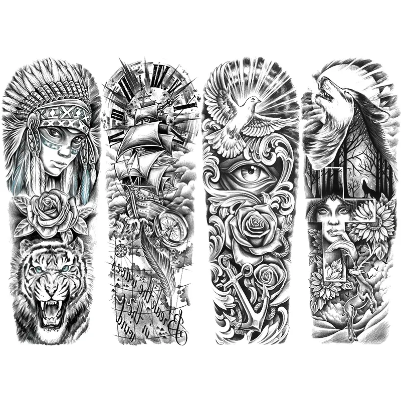 Temporary Tattoo Stickers Wolf Tiger Peace Dove Floral Ship Pirate Compass Design Waterproof Realistic Halloween Tattoos for Adults Men Women, Fake Tattoos