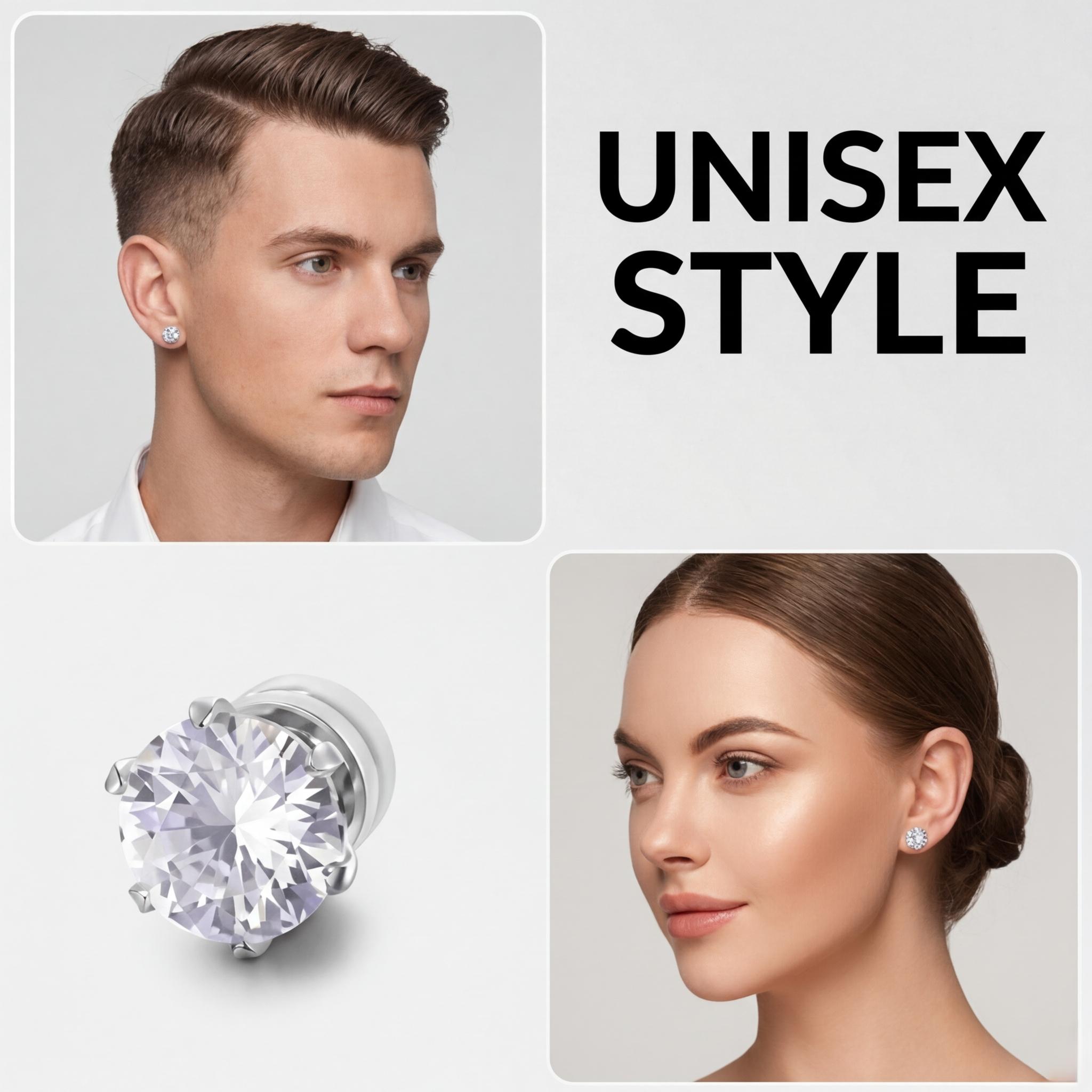 Unisex Magnetic Cubic Zirconia Stud Earrings, Polished Stainless Steel Non-Piercing Jewelry, Classic Pierced Look