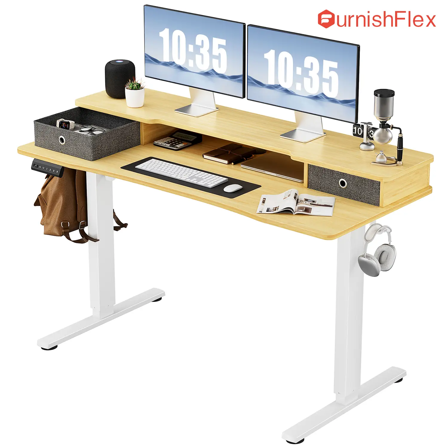 SweetFurniture Height Adjustable Electric Standing Desk with Storage Shelf Double Drawer, Stand up Desk, Sit Stand Desk with Splice Board, Standing Ta
