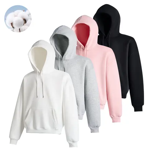 Basic multi-color cotton hooded sweatshirt for men and women, loose drop-shoulder pullover hoodie with pockets, casual solid-color top