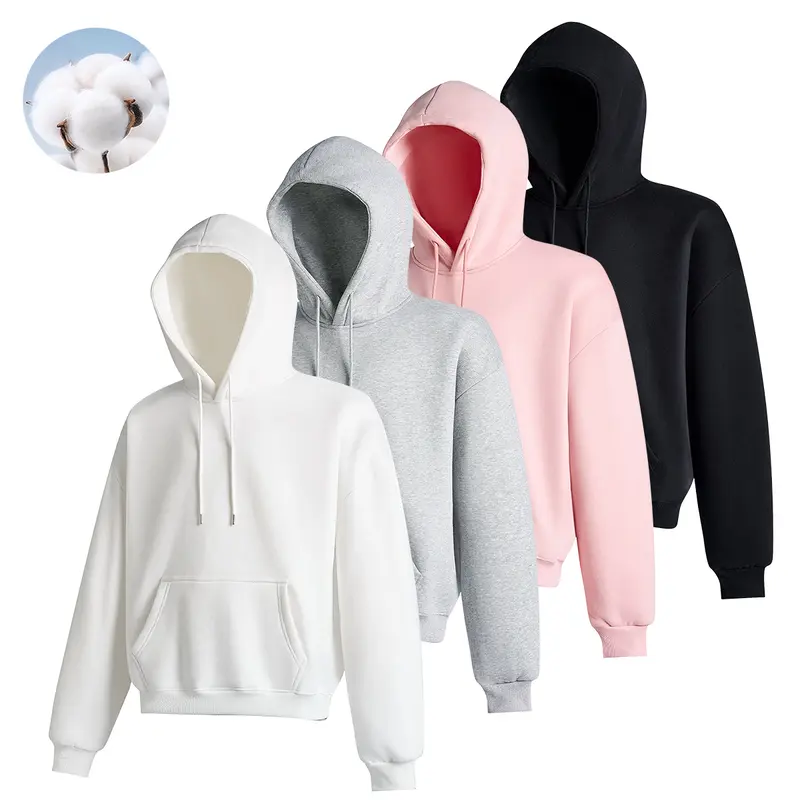 Basic multi-color cotton hooded sweatshirt for men and women, loose drop-shoulder pullover hoodie with pockets, casual solid-color top
