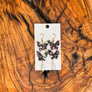 Multicolored Butterfly Polymer Clay Dangle Earrings with Pearl Drop - Colorful and Unique Design