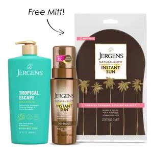 Jergens Natural Glow + Shea Fusions Instant Getaway Bundle - Jergens Shea Fusions NEW Tropical Escape - Natural Glow Instant Sun Sunless Tanning Mousse in Light, Deep, Or Ultra Deep Bronze - + Free Applicator Mitt
