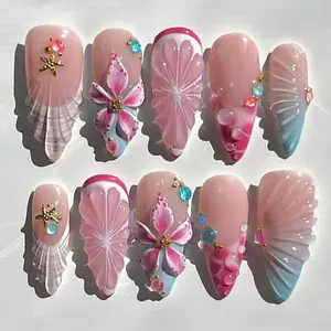 Mermaidcore Press On Nails, 3D Seashell and Tropical Flower Nails, Pink and Blue Ocean Fake Nails, Beach Vacation Nails