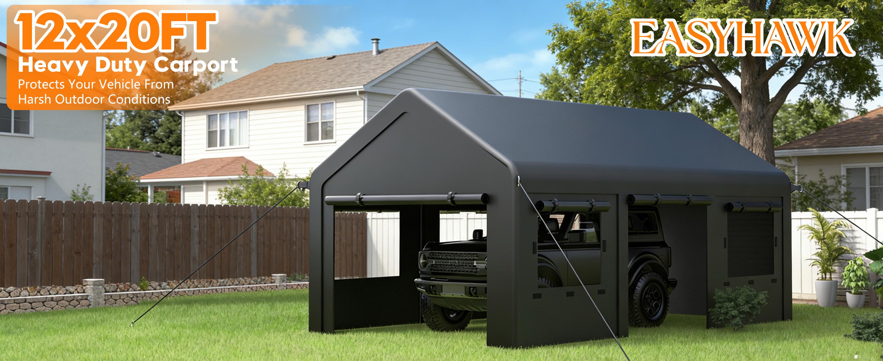MNLR 12' x 20' Carport Canopy, Portable Garage with Side-Opening Door, Roll-Up Windows and 4-Hole Base, Black