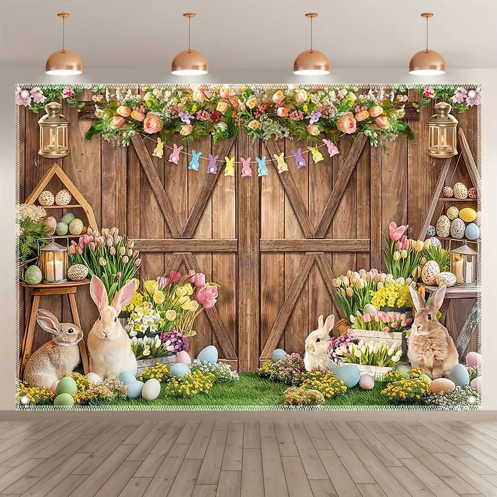 1PC 2D Flat Easter Decorative Banner - Cute Rabbit, Flower, Egg Polyester Reusable Tapestry, Wall Hanging Backdrop, Party Decorations Banners for Wooden Door & Photography Background Curtain,summerwins