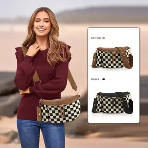 Women's Checkerboard Chest Crossbody Bag with Earphone Pouch Fashion Plaid Waist Belt Sling Brown & Black Options Stylish Functional Design