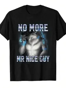 Men‘s No More Mr. Nice Guy Fitted Casual Long Graphic Tee, Cool Wolf with Lightning Design Black Short T-Shirt, Bold Statement Top for Parties, Concerts, and Streetwear, Menswear