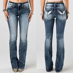 Womens Washed Blue Bootcut Jeans with Wing Geometric Embroidery Back Pockets, High Waist Retro Slim Fit, Stretch Denim for All Seasons Womenswear Bottom