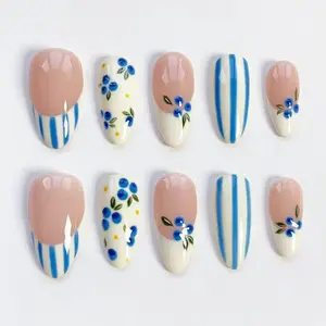 Blueberry nails/press on nails long almond nails/Summer Nails/Cute nails/Blue striped nails/Fruit nails/Kawaii nails/Birthday nails