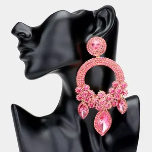 Large Long Elegant Pink Chandelier Pageant Prom Earrings | 520718